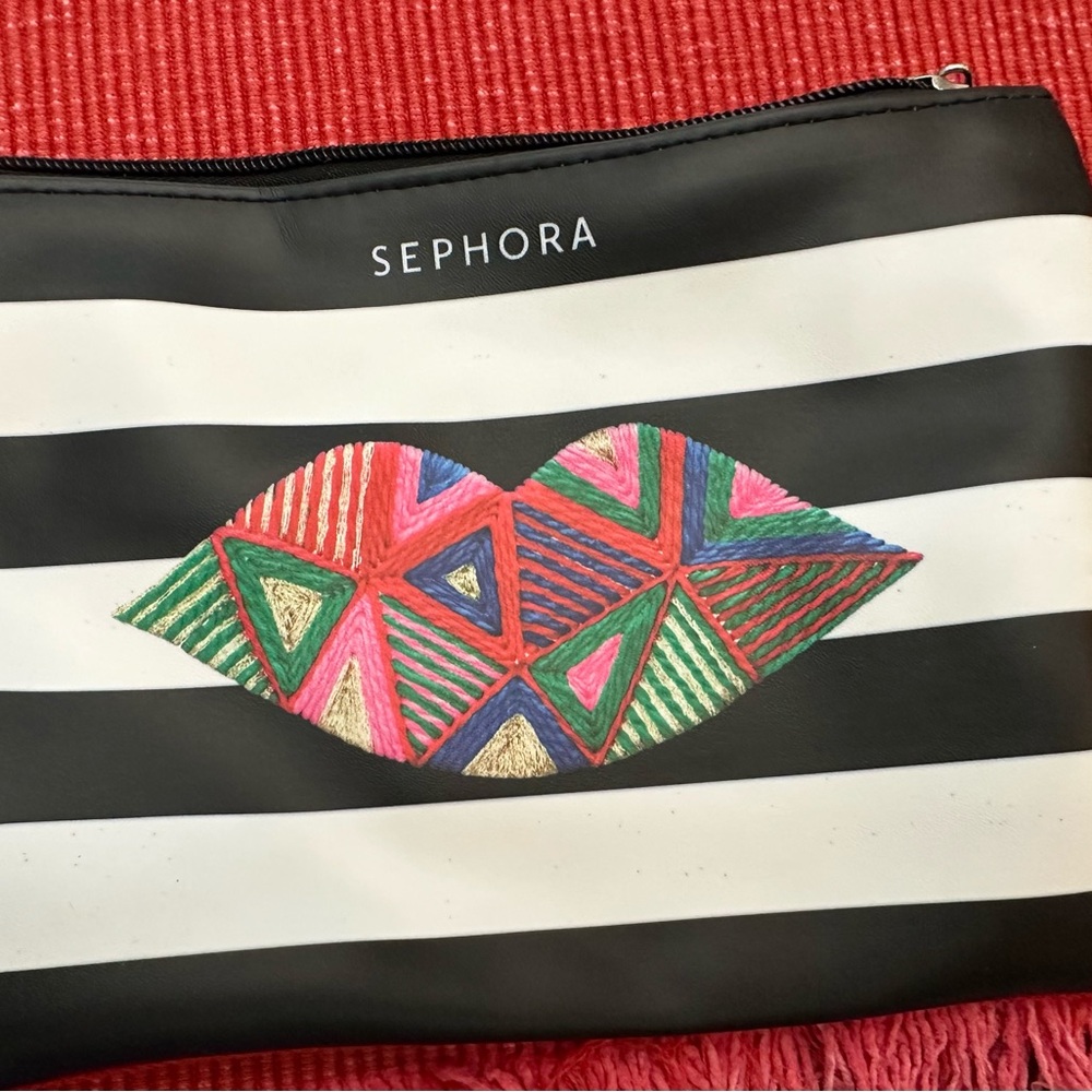 Sephora Striped Cosmetic Bag with Colorful Lip Design